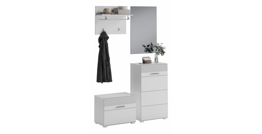 Ensemble de meuble d'entrée : Miroir + meuble à chaussures + porte manteau + meuble de rangement – Blanc laqué – KLEANKIN 