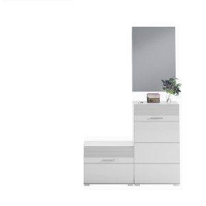 Ensemble de meuble d'entrée : Miroir + meuble à chaussures + meuble de rangement – Blanc laqué – KLEANKIN 