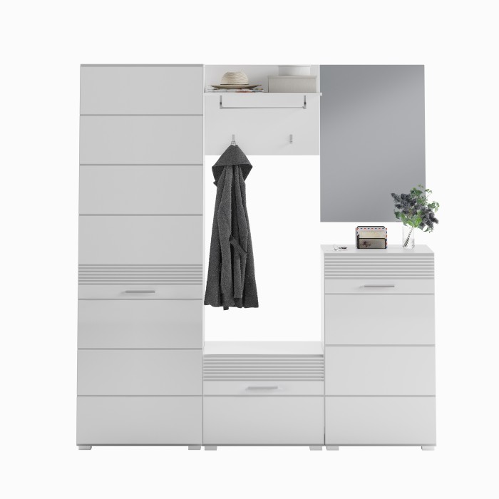 Ensemble de meuble d'entrée : Miroir + porte manteau + meuble à chaussures + 2 meubles de rangement – Blanc laqué – KLEANKIN 