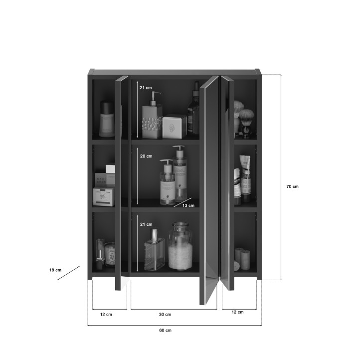 Ensemble de meubles de salle de bain : Meuble sous vasque + 2 demi colonnes + meuble de rangement avec miroirs – Noir laqué – KL