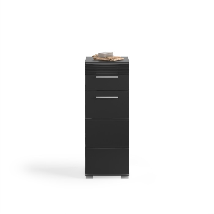 Ensemble de meubles de salle de bain : Meuble sous vasque + 2 demi colonnes + meuble de rangement avec miroirs – Noir laqué – KL