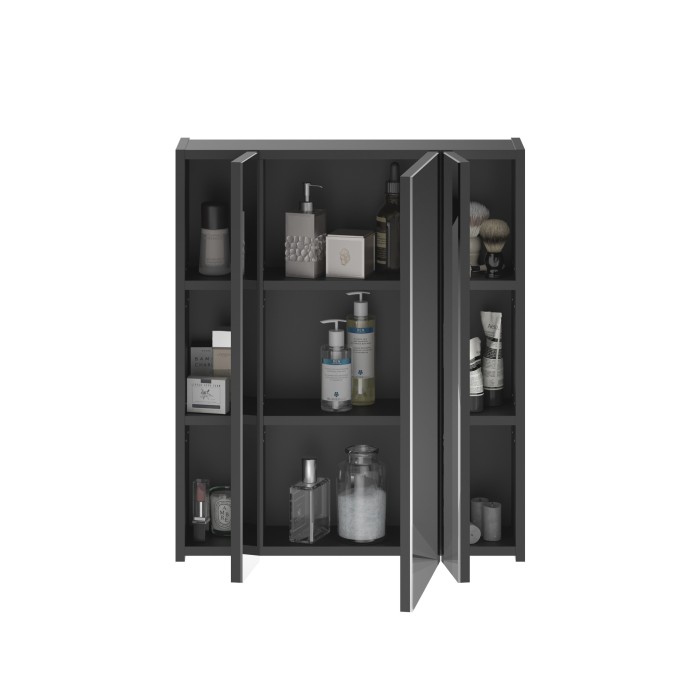 Ensemble de meubles de salle de bain : meuble sous vasque + armoire de rangement avec miroir – Noir laqué – KLEANKIN 