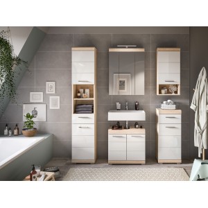 Meuble sous vasque LEWOTO – 2 portes – Blanc et chêne clair 