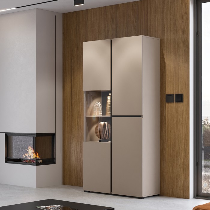 Vitrine haute 2 portes collection HAVANA avec LED intégrée. Coloris beige et noir.