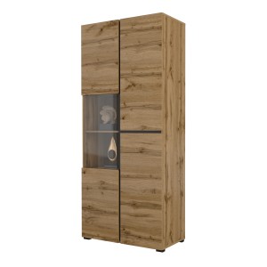 Vitrine haute 2 portes collection HAVANA avec LED intégrée. Coloris chêne et noir.