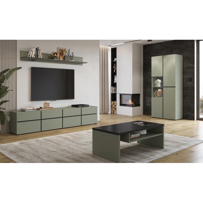 Ensemble de 4 meubles collection HAVANA coloris vert sauge. Meuble TV XL, buffet, vitrine, table basse, étagère