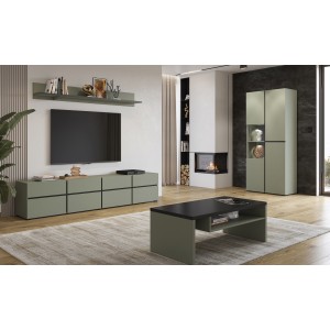 Ensemble de 4 meubles collection HAVANA coloris vert sauge. Meuble TV XL, buffet, vitrine, table basse, étagère