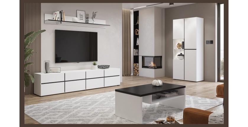 Ensemble de 4 meubles collection HAVANA coloris blanc et noir. Meuble TV XL, vitrine, table basse, étagère