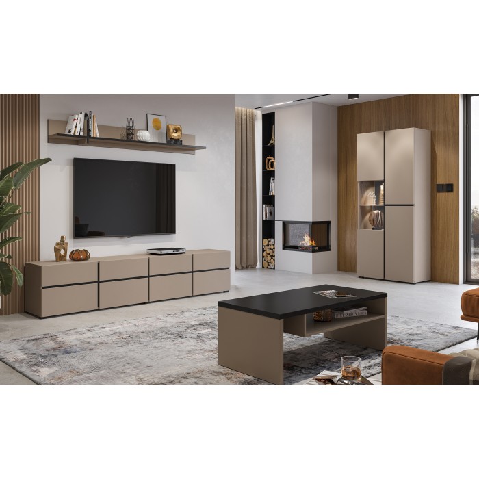 Ensemble de 4 meubles collection HAVANA coloris beige et noir. Meuble TV XL, vitrine, table basse, étagère