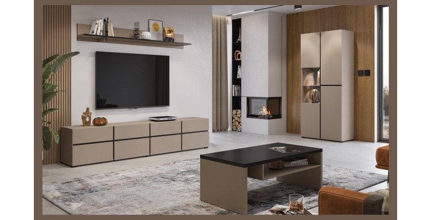 Ensemble de 4 meubles collection HAVANA coloris beige et noir. Meuble TV XL, vitrine, table basse, étagère