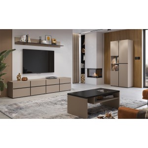 Ensemble de 4 meubles collection HAVANA coloris beige et noir. Meuble TV XL, vitrine, table basse, étagère
