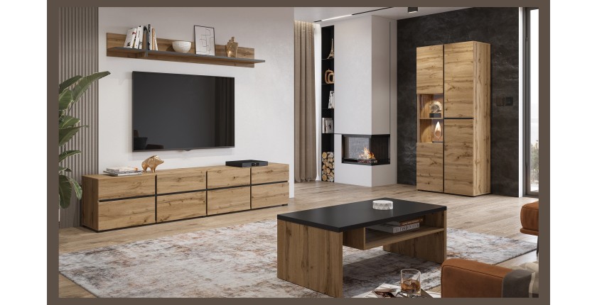 Ensemble de 4 meubles collection HAVANA coloris chêne et noir. Meuble TV XL, vitrine, table basse, étagère