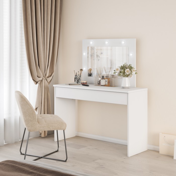 Coiffeuse DIVA blanche – Avec miroir, tiroir et éclairage LED – Élégance et fonctionnalité