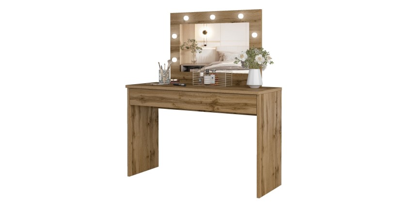 Coiffeuse DIVA chêne – Avec miroir, tiroir et LED – Élégance naturelle et fonctionnalité