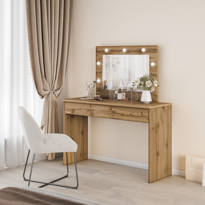 Coiffeuse DIVA chêne – Avec miroir, tiroir et LED – Élégance naturelle et fonctionnalité