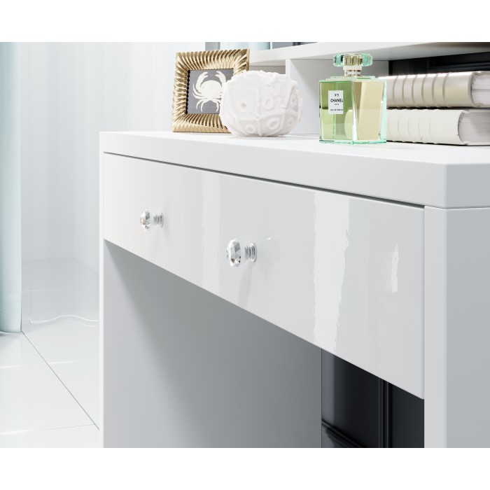 Coiffeuse SENSA blanche – Avec miroir, tiroir, étagère et LED – Design épuré et fonctionnel