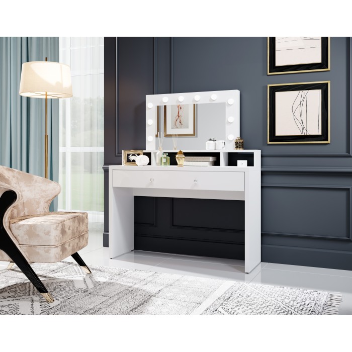 Coiffeuse SENSA blanche – Avec miroir, tiroir, étagère et LED – Design épuré et fonctionnel