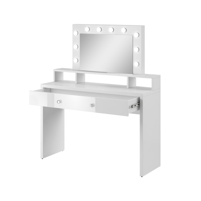 Coiffeuse SENSA blanche – Avec miroir, tiroir, étagère et LED – Design épuré et fonctionnel