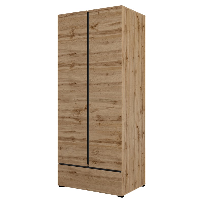Armoire HAVANA 90 cm – Chêne et noir – 2 portes + 1 tiroir – Rangement compact au style naturel