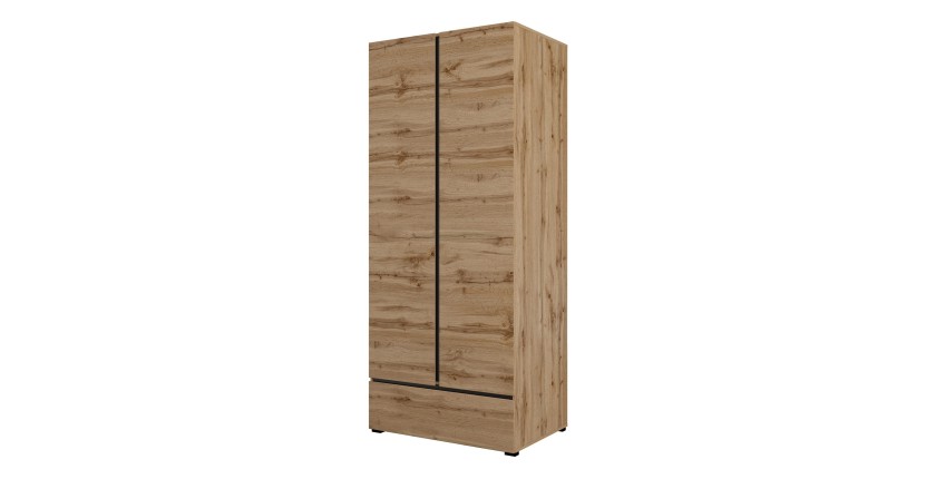 Armoire HAVANA 90 cm – Chêne et noir – 2 portes + 1 tiroir – Rangement compact au style naturel