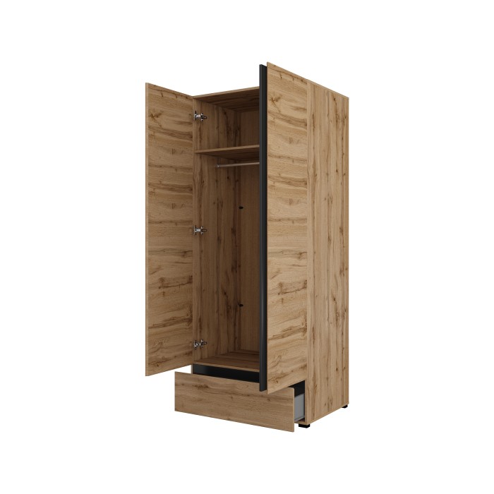 Armoire HAVANA 90 cm – Chêne et noir – 2 portes + 1 tiroir – Rangement compact au style naturel