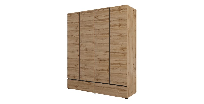 Armoire HAVANA 180 cm – Chêne et noir – 4 portes + 2 tiroirs – Élégance naturelle et grande capacité
