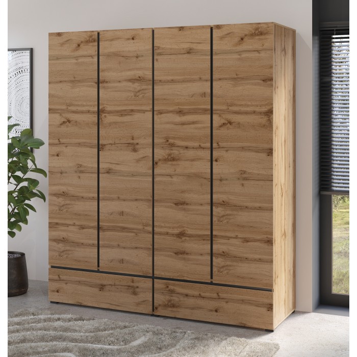 Armoire HAVANA 180 cm – Chêne et noir – 4 portes + 2 tiroirs – Élégance naturelle et grande capacité