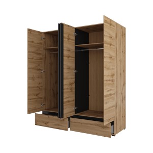Armoire HAVANA 180 cm – Chêne et noir – 4 portes + 2 tiroirs – Élégance naturelle et grande capacité