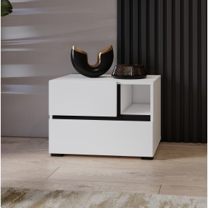 Table de chevet HAVANA blanche et noire – 2 tiroirs et 1 niche – Design contemporain et fonctionnel
