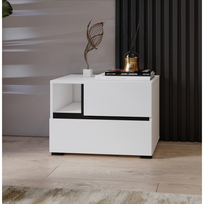 Table de chevet HAVANA blanche et noire – 2 tiroirs et 1 niche – Design contemporain et fonctionnel