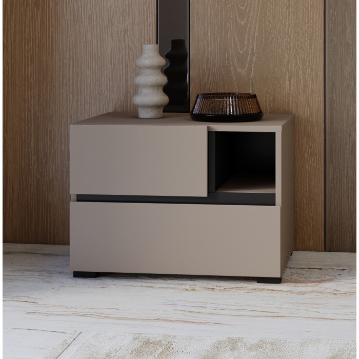 Table de chevet HAVANA beige et noir – 2 tiroirs et 1 niche – Rangement moderne et design élégant