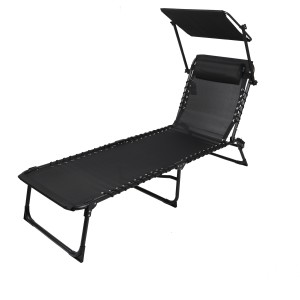 Lot de 2 bains de soleil avec tablette-parasol et coussin – 187x56x85 cm – Métal noir – Toile noire