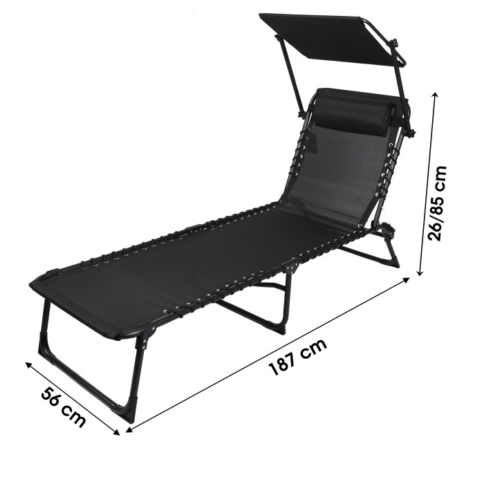 Lot de 2 bains de soleil avec tablette-parasol et coussin – 187x56x85 cm – Métal noir – Toile noire