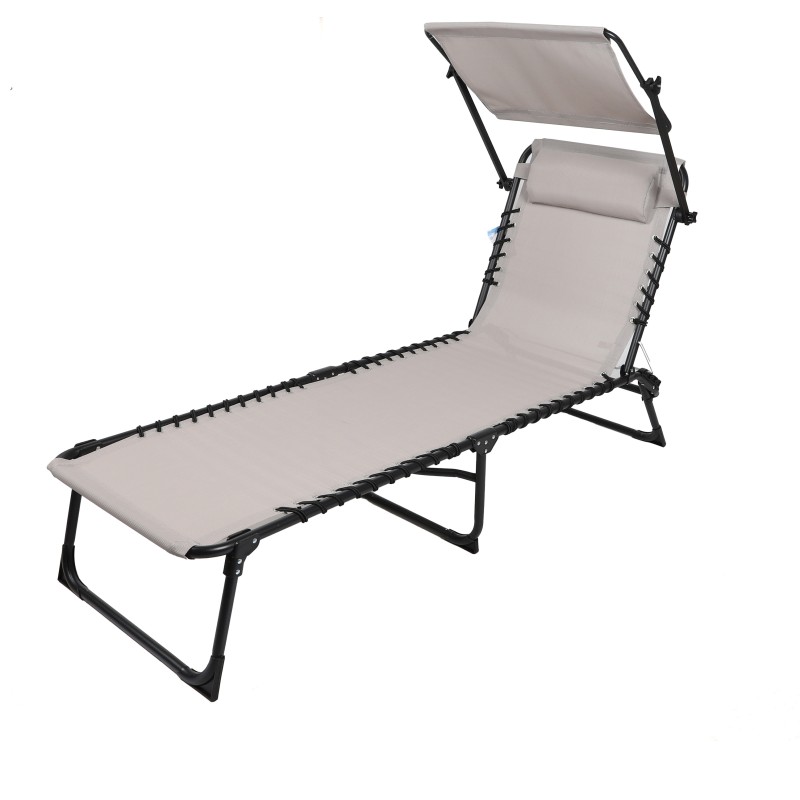 Lot de 2 bains de soleil avec tablette-parasol et coussin – 187x56x85 cm – Métal noir – Toile taupe