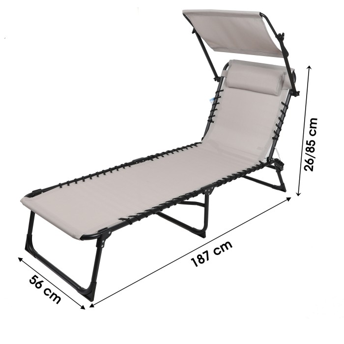 Lot de 2 bains de soleil avec tablette-parasol et coussin – 187x56x85 cm – Métal noir – Toile taupe