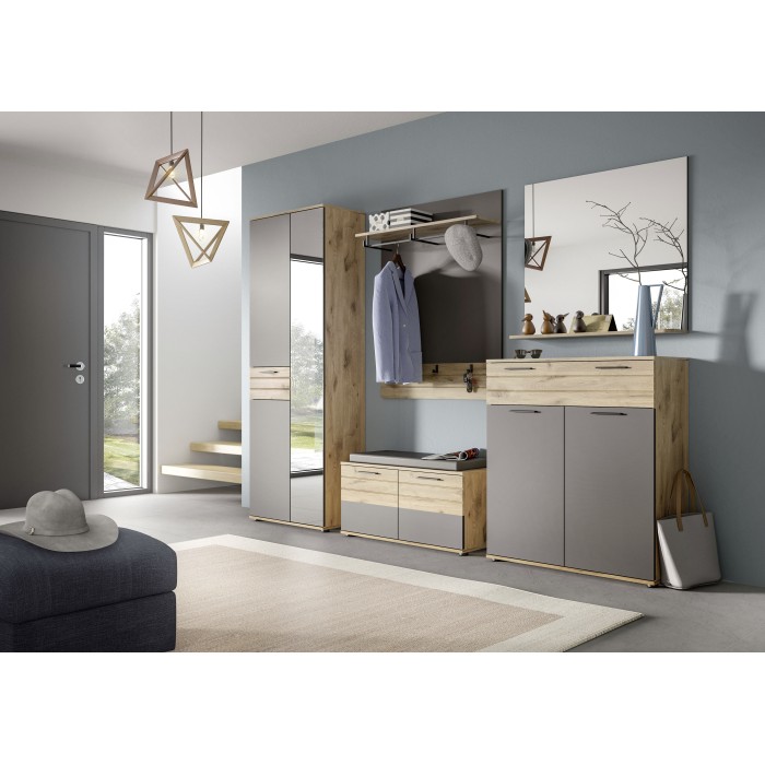 Ensemble de salle de bain : meuble sous vasque + demi colonne + miroir – Gris anthracite et chêne clair – SELMA