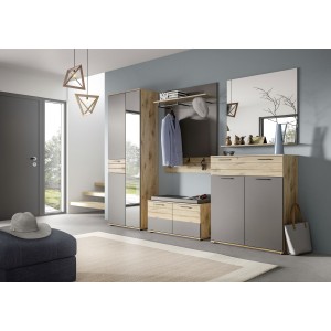 Ensemble de salle de bain : meuble sous vasque + demi colonne + miroir – Gris anthracite et chêne clair – SELMA