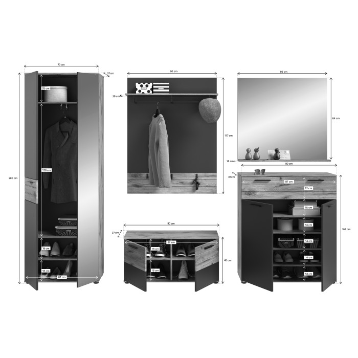 Ensemble de salle de bain : meuble sous vasque + demi colonne + miroir – Gris anthracite et chêne clair – SELMA