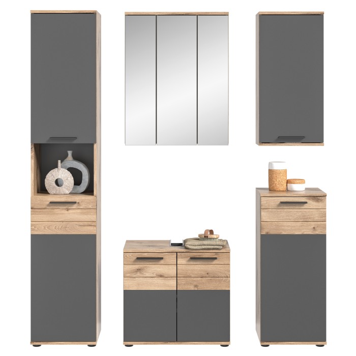 Ensemble de salle de bains : Meuble sous vasque, colonne, armoire de rangement avec miroir + 2 demi-colonne – Gris anthracite et