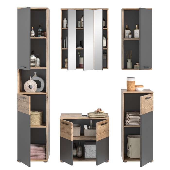 Ensemble de salle de bains : Meuble sous vasque, colonne, armoire de rangement avec miroir + 2 demi-colonne – Gris anthracite et