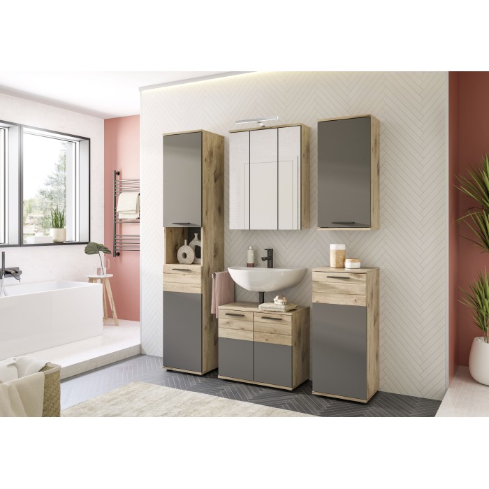 Ensemble de salle de bains : Meuble sous vasque, colonne, armoire de rangement avec miroir + 2 demi-colonne – Gris anthracite et