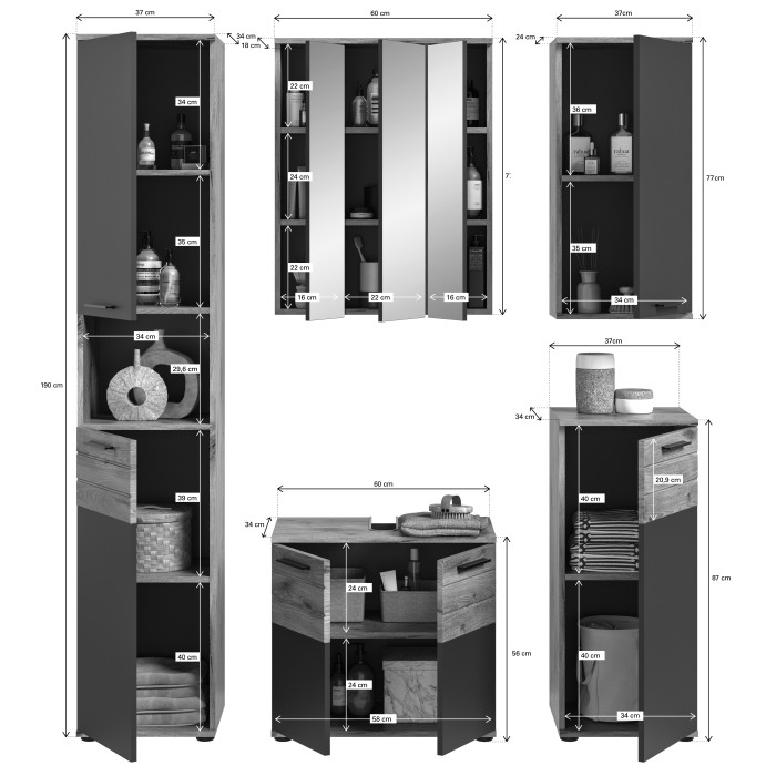 Ensemble de salle de bains : Meuble sous vasque, colonne, armoire de rangement avec miroir + 2 demi-colonne – Gris anthracite et