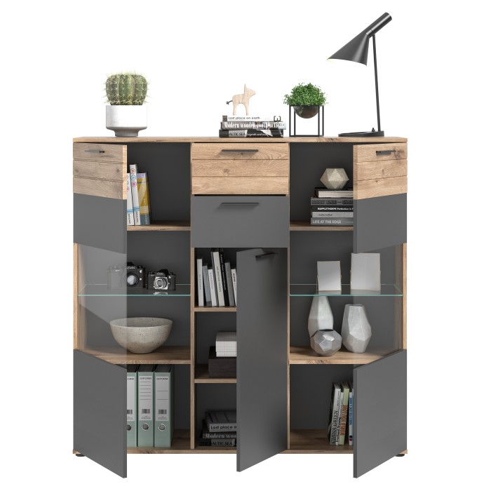 Buffet haut avec porte vitrée – Gris anthracite et chêne clair – SELMA