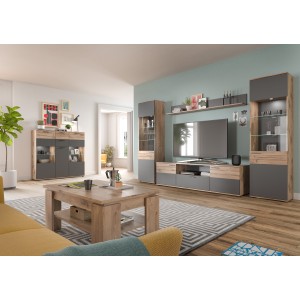 Buffet haut avec porte vitrée – Gris anthracite et chêne clair – SELMA