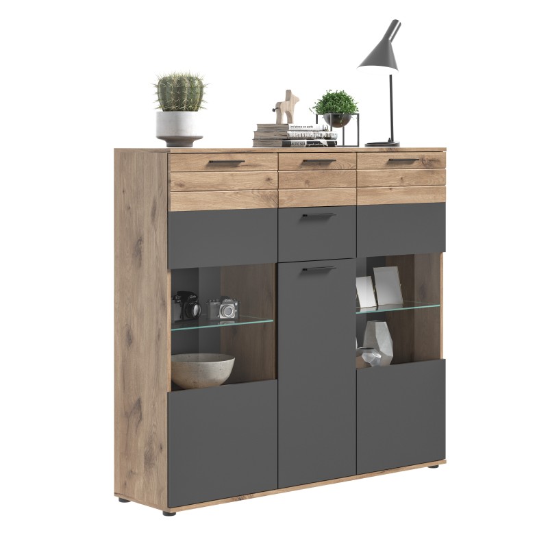 Buffet haut avec porte vitrée – Gris anthracite et chêne clair – SELMA