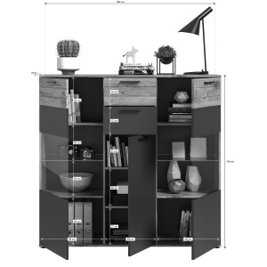 Buffet haut avec porte vitrée – Gris anthracite et chêne clair – SELMA