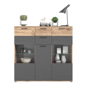 Buffet haut avec porte vitrée – Gris anthracite et chêne clair – SELMA