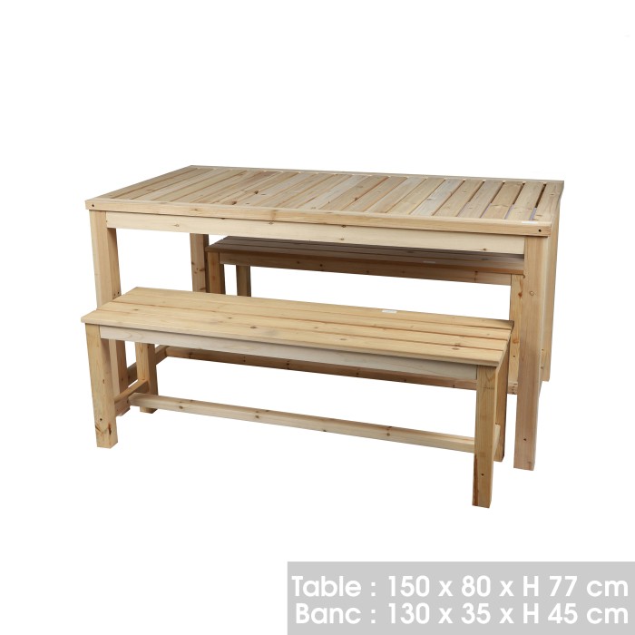 Table avec 2 bancs en bois – Collection NATURA – 150x80x77 cm – Esprit naturel et convivial