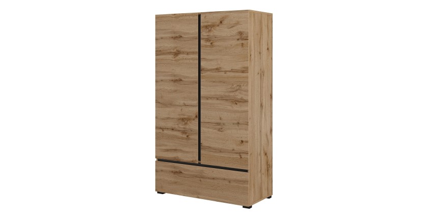 Armoire de rangement HAVANA chêne et noir 2 portes 1 tiroir – Meuble moderne et compact pour chambre