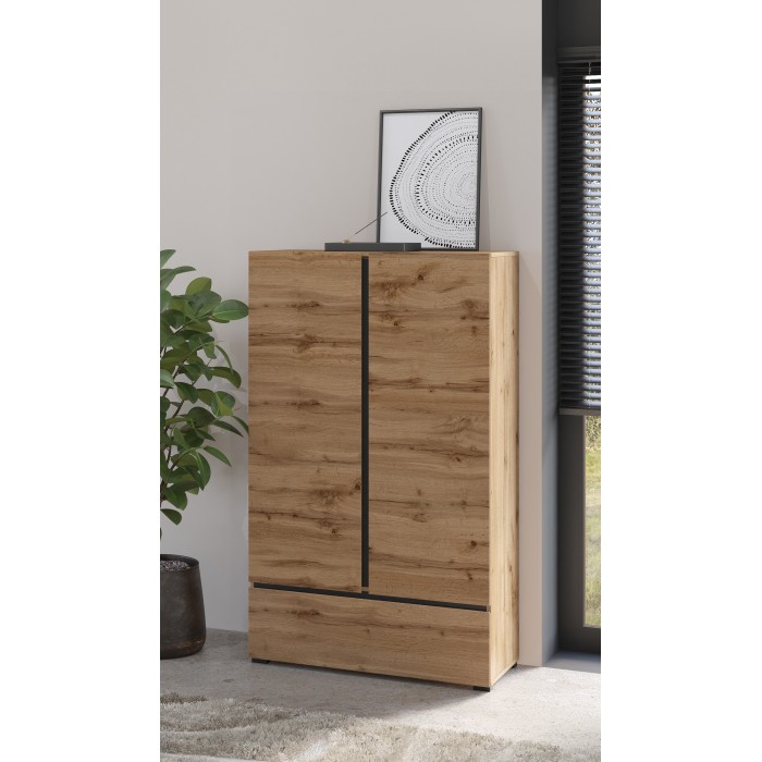 Armoire de rangement HAVANA chêne et noir 2 portes 1 tiroir – Meuble moderne et compact pour chambre